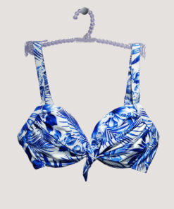 Vattert bikinioverdel BH i hvitt og blått mønster på henger