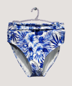 High waist bikinitruse med brettekant i blått og hvitt mønster