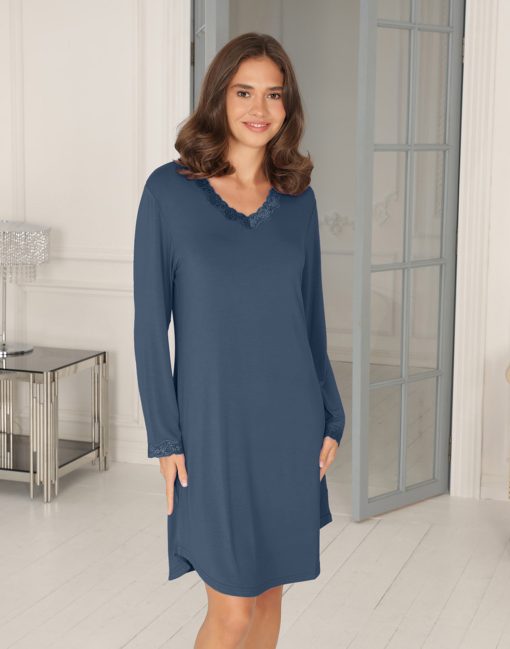 lady avenue bambus nattkjole langermet denim blå