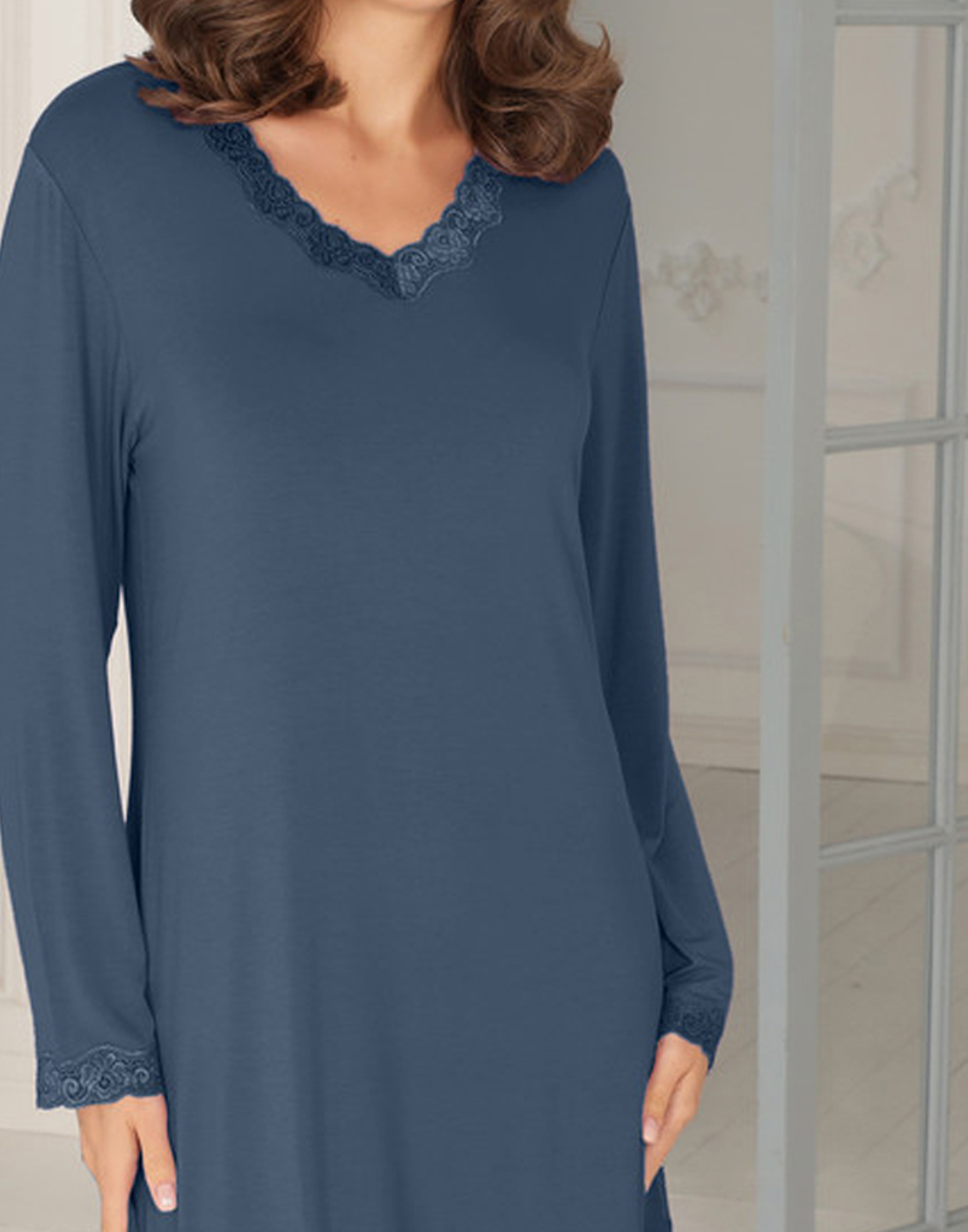 lady avenue bambus nattkjole langermet denim blå