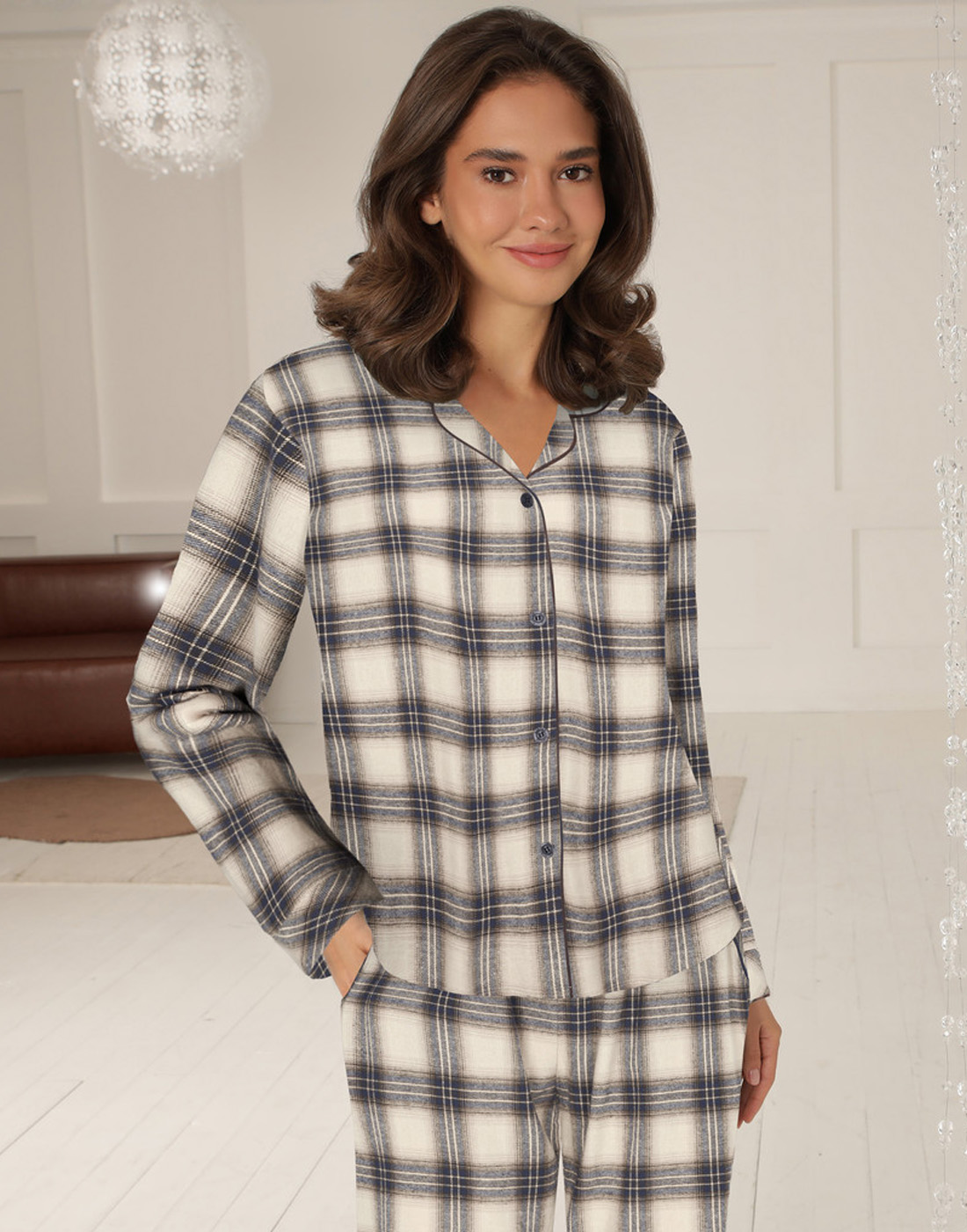lady avenue flanell pysj blue mocca rutete