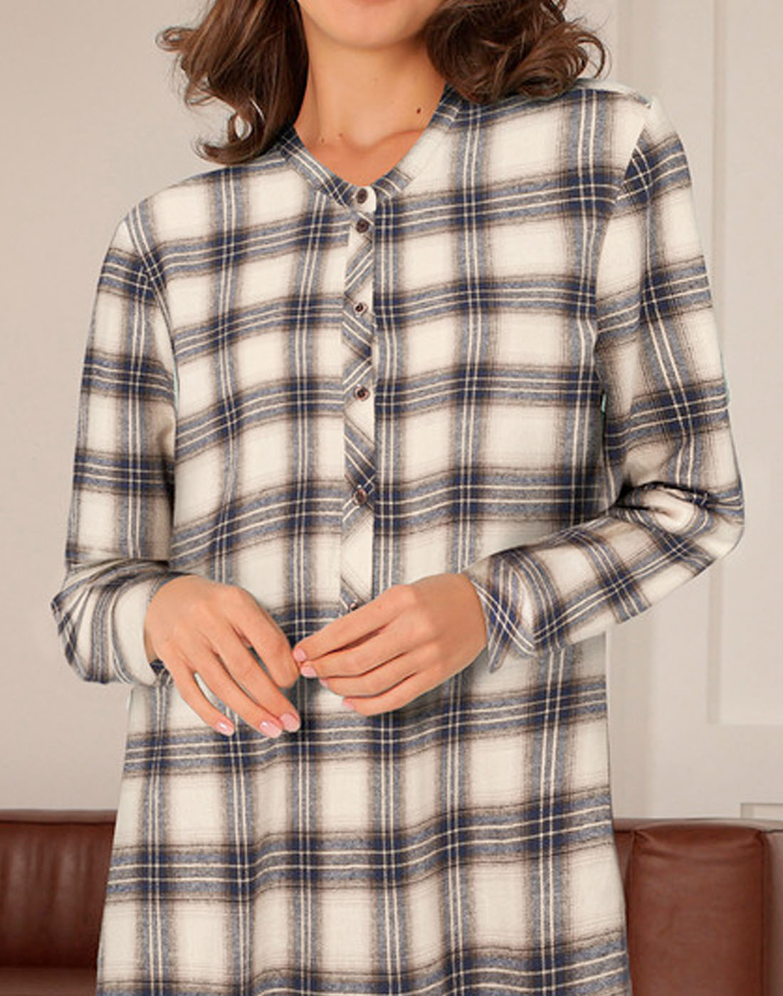 lady avenue nattskjorte flanell blå brune ruter